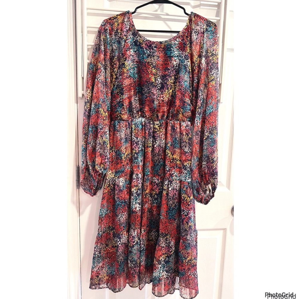 Ces Femme Multicolor Dot Print Tiered Midi Dress Party Large